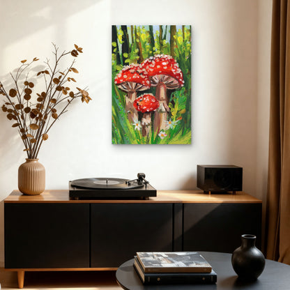 Red Amanita Mushrooms Forest Painting 40x60cm Metal Print Ready to Hang