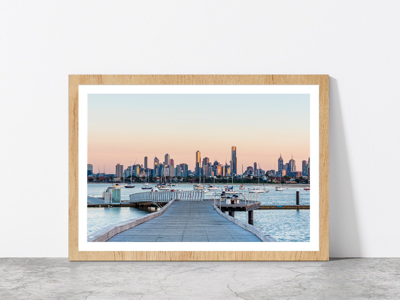 Melbourne City Skyline Sunrise Glass Framed Wall Art, Ready to Hang Quality Print With White Border Oak