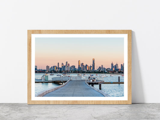 Melbourne City Skyline Sunrise Glass Framed Wall Art, Ready to Hang Quality Print With White Border Oak