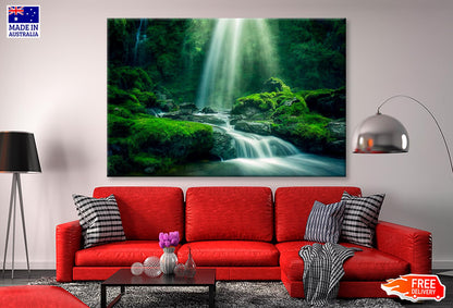 Natural Waterfall with Rocks and Green Moss  Wall Art Decor 100% Australian Made