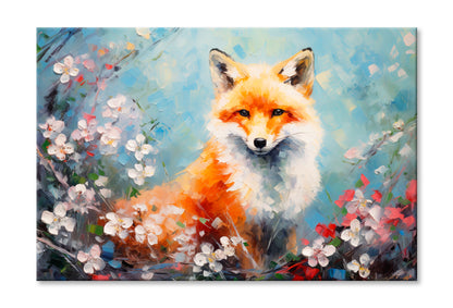 Fox In Flower Blossom Oil Painting Wall Art Limited Edition High Quality Print Stretched Canvas None