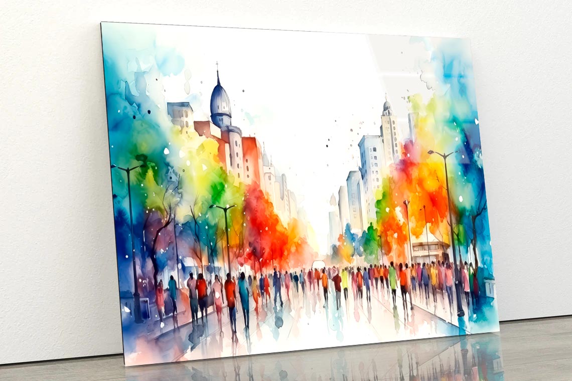 Jazzy, Lively, Colorful Water Color Painting of a Downtown City  Acrylic Glass Print Tempered Glass Wall Art 100% Made in Australia Ready to Hang