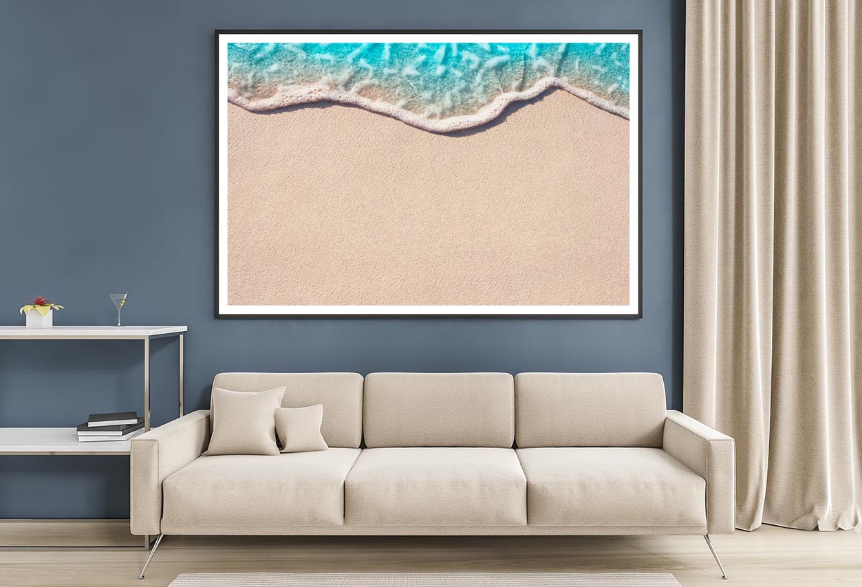 Soft Wave of Blue Ocean on Sandy Beach, Background Selective Focus Home Decor Premium Quality Poster Print Choose Your Sizes