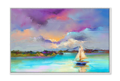 Sail Boat On Sea With Colorful Sky Oil Painting Wall Art Limited Edition High Quality Print Canvas Box Framed White