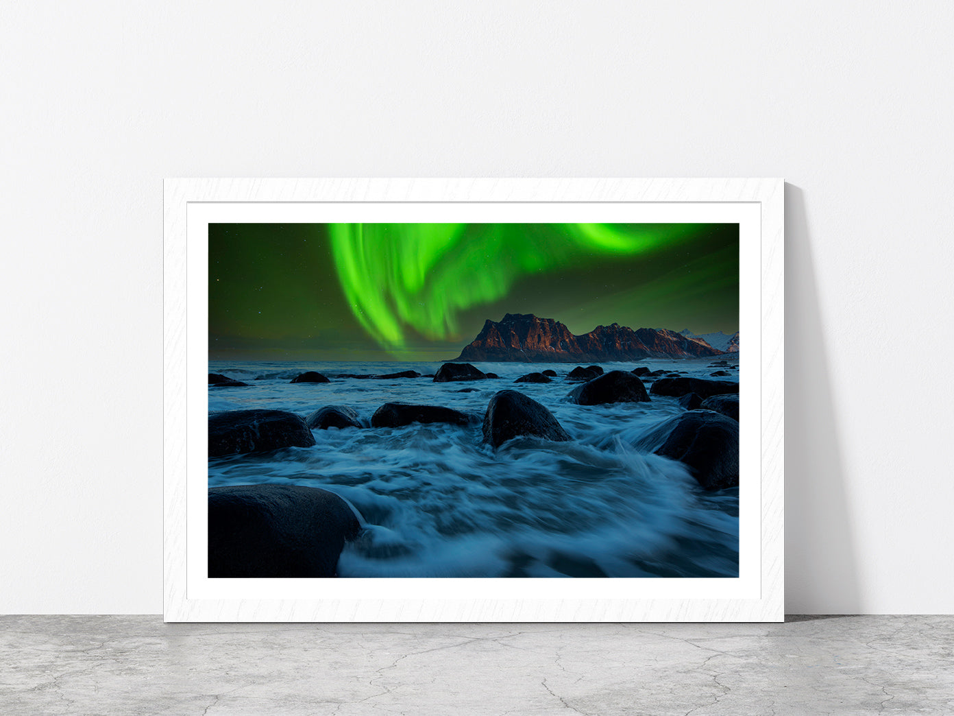 Aurora Rising Above A Mountain Glass Framed Wall Art, Ready to Hang Quality Print With White Border White