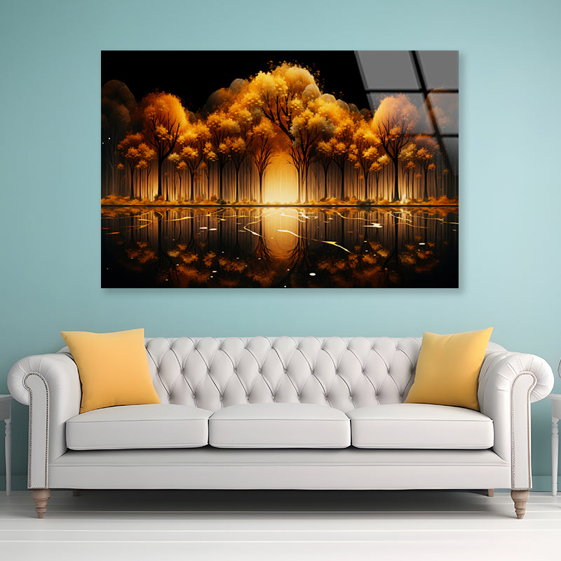 Oil Painting of Golden Trees & Lake Acrylic Glass Print Tempered Glass Wall Art 100% Made in Australia Ready to Hang - Bella Home Decor