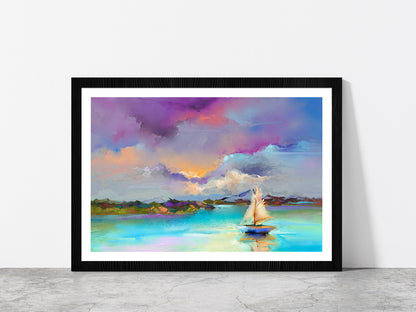 Sail Boat On Sea With Colorful Sky Glass Framed Wall Art, Ready to Hang Quality Print With White Border Black