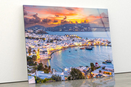 Embrace The Warm Hues of Sunset in Mykonos Town Chora Acrylic Glass Print Tempered Glass Wall Art 100% Made in Australia Ready to Hang