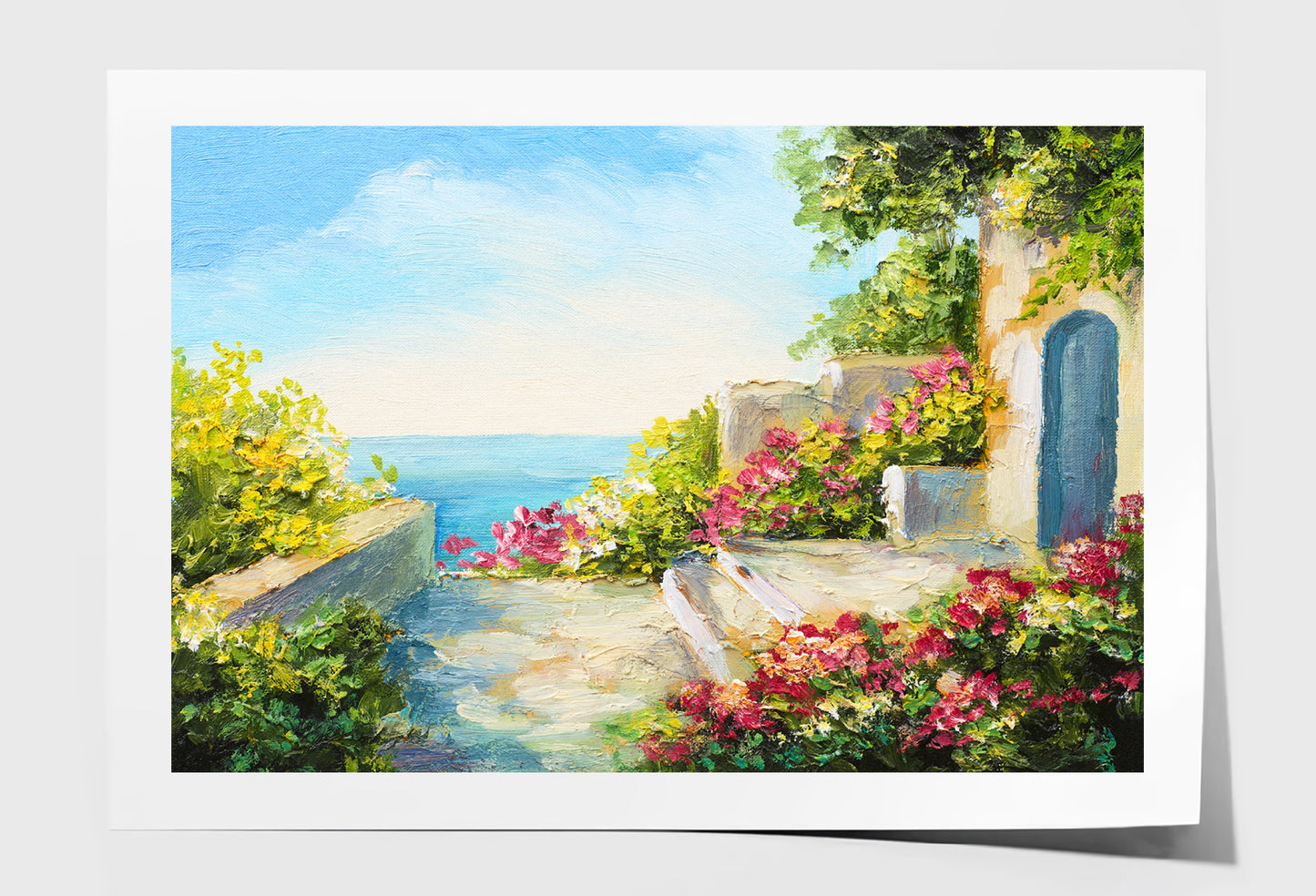 House near the Sea & Colorful Flowers Oil Painting Wall Art Limited Edition High Quality Print Unframed Roll Canvas None