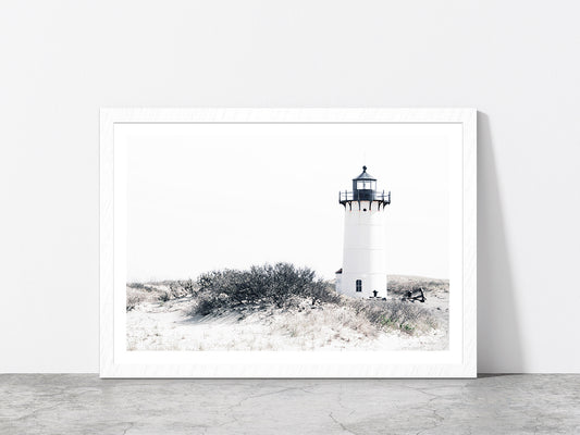 Light House Sand Dunes Faded Photograph Glass Framed Wall Art, Ready to Hang Quality Print With White Border White