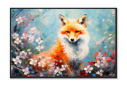 Fox In Flower Blossom Oil Painting Wall Art Limited Edition High Quality Print Canvas Box Framed Black