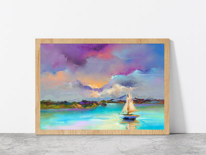 Sail Boat On Sea With Colorful Sky Glass Framed Wall Art, Ready to Hang Quality Print Without White Border Oak