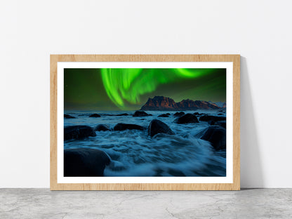 Aurora Rising Above A Mountain Glass Framed Wall Art, Ready to Hang Quality Print With White Border Oak