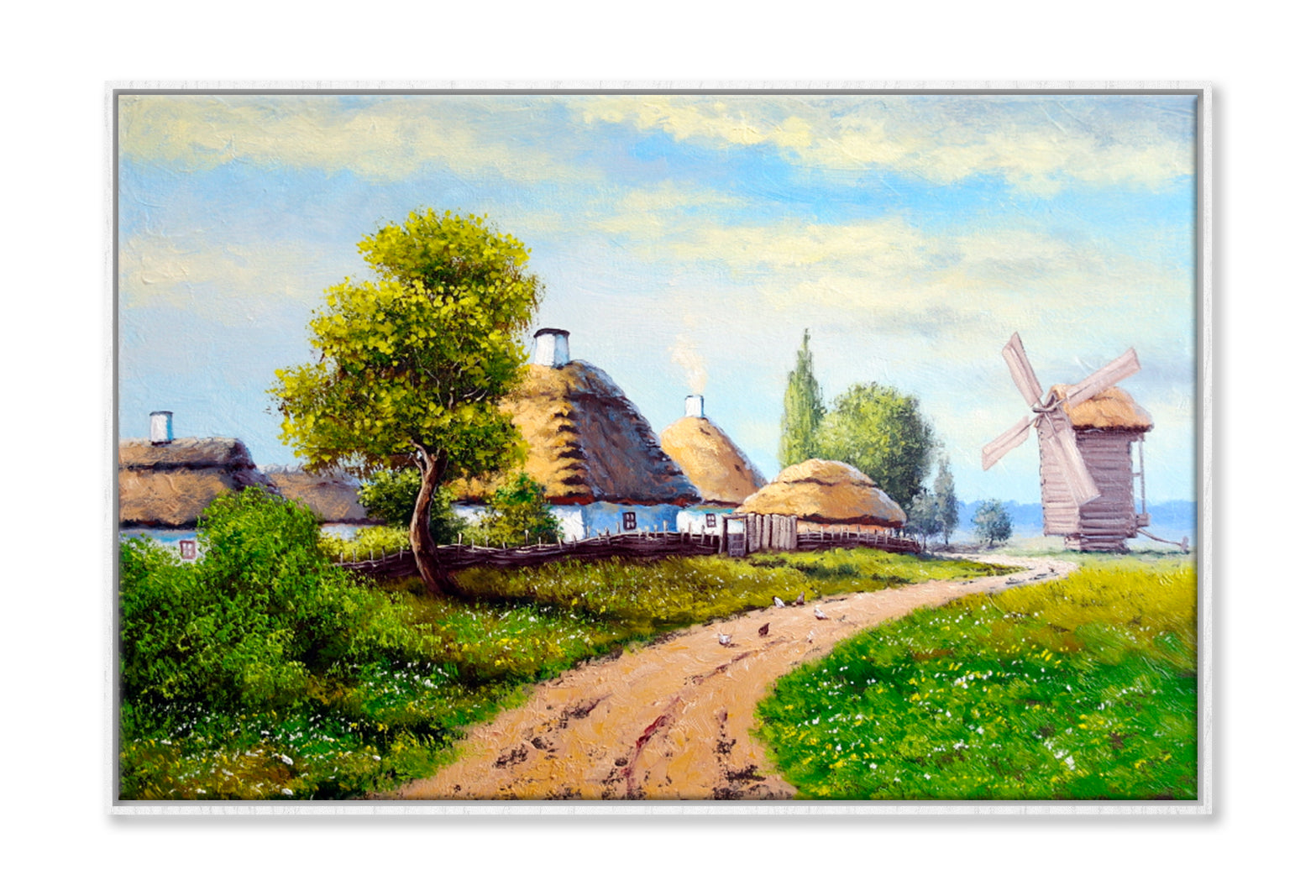 Old Village, Hut, Road, Windmill Oil Painting Wall Art Limited Edition High Quality Print Canvas Box Framed White