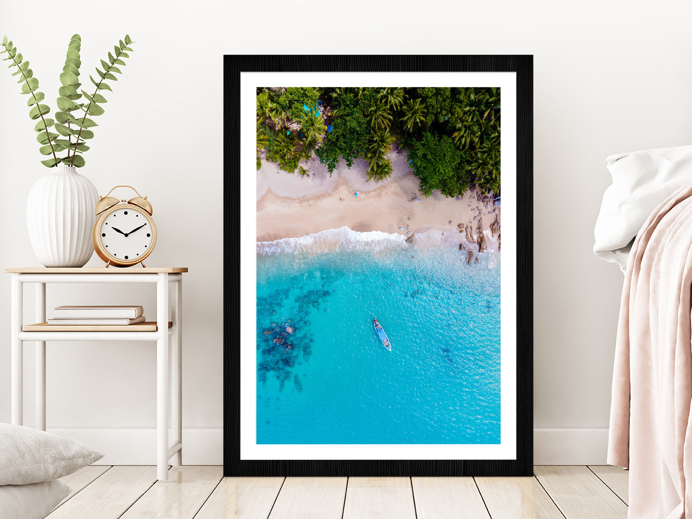 Banana Beach with Palm Trees in Phuket Aerial Photograph Glass Framed Wall Art, Ready to Hang Quality Print With White Border Black