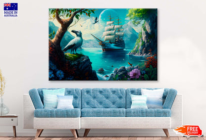 Sailing Boat in Sea and A Bird, Colorful Flowers, Mountain Wall Art Limited Edition High Quality Print