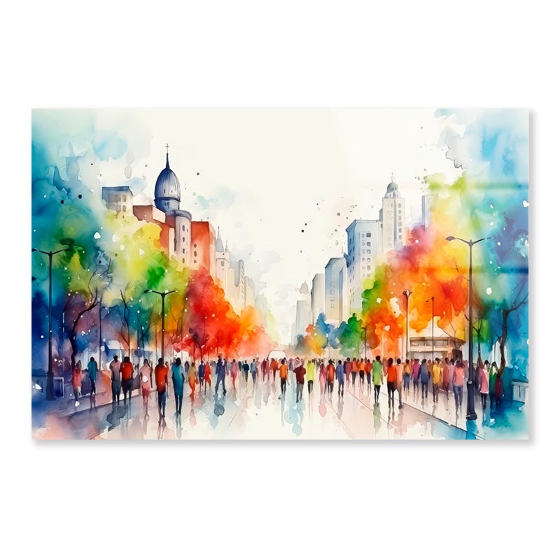 Jazzy, Lively, Colorful Water Color Painting of a Downtown City  Acrylic Glass Print Tempered Glass Wall Art 100% Made in Australia Ready to Hang