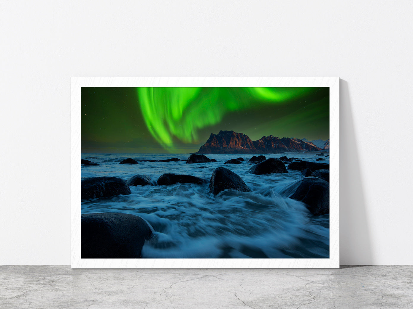 Aurora Rising Above A Mountain Glass Framed Wall Art, Ready to Hang Quality Print Without White Border White