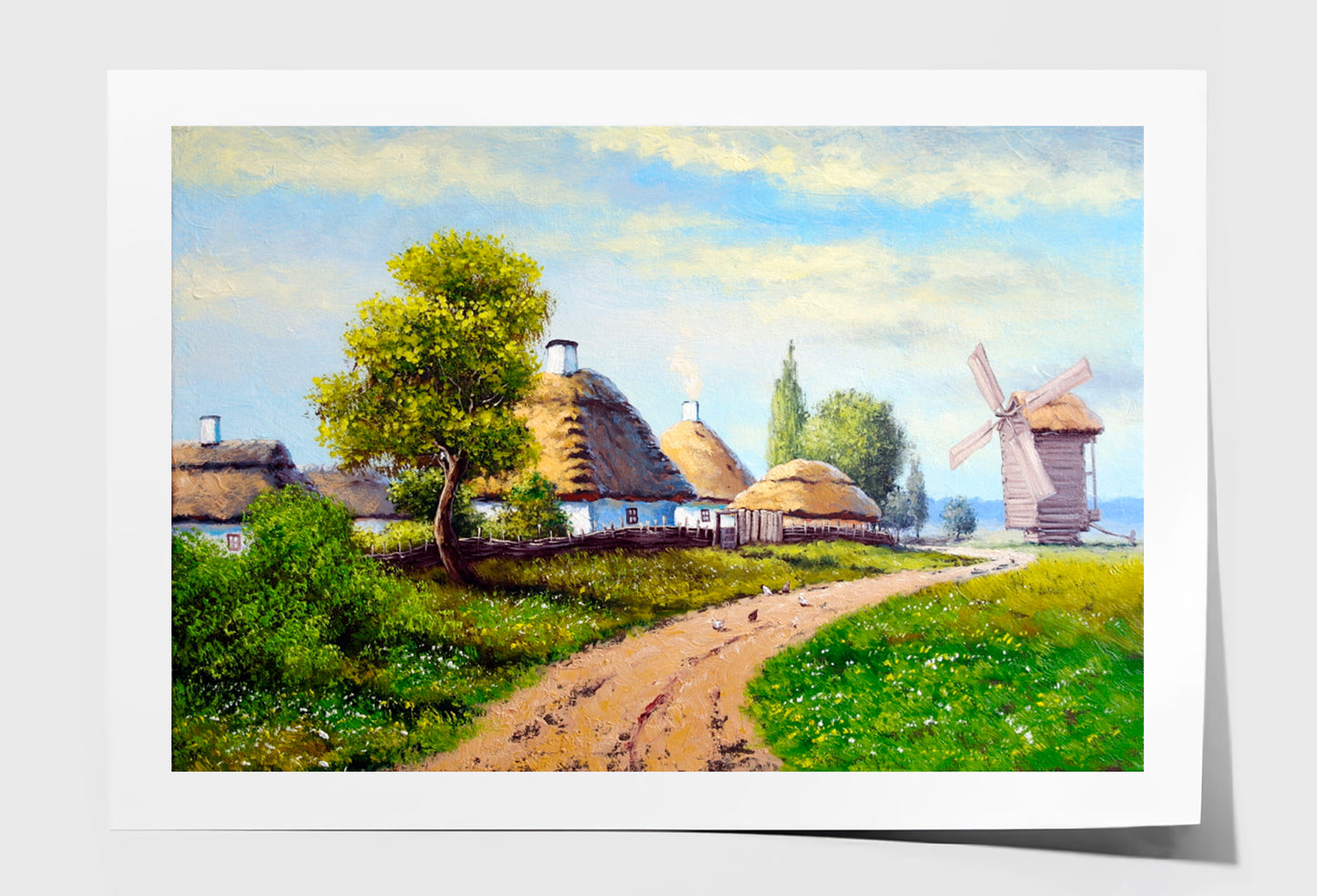 Old Village, Hut, Road, Windmill Oil Painting Wall Art Limited Edition High Quality Print Unframed Roll Canvas None