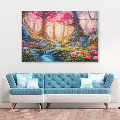 A Painting of a Garden with a Waterfall & Flowers Acrylic Glass Print Tempered Glass Wall Art 100% Made in Australia Ready to Hang