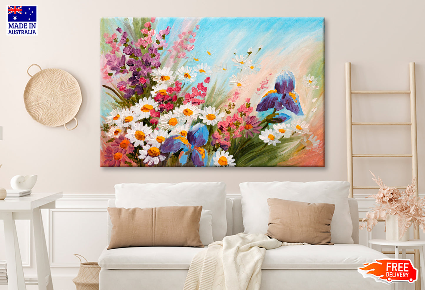 Illustration Of Flowers, Daisies, Greens Oil Painting Wall Art Limited Edition High Quality Print