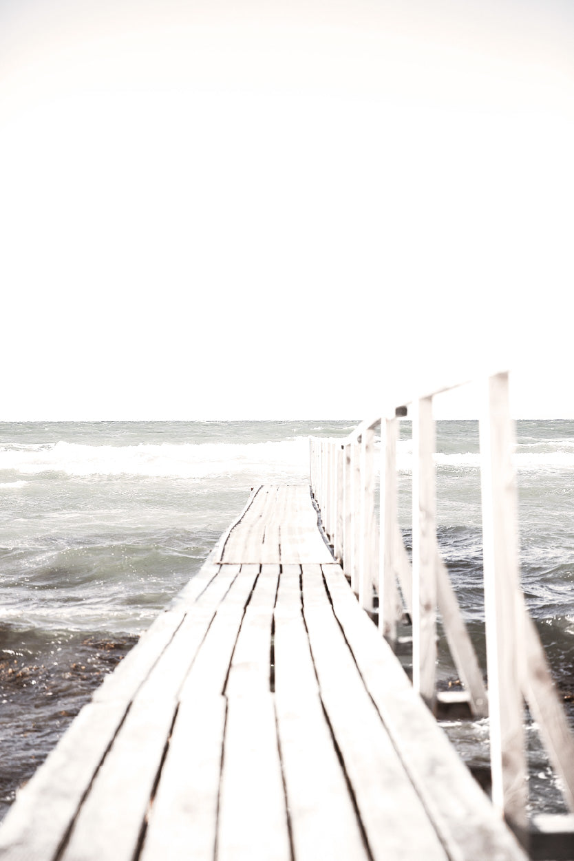 Wooden Pier near Beach Faded Photograph Glass Framed Wall Art, Ready to Hang Quality Print