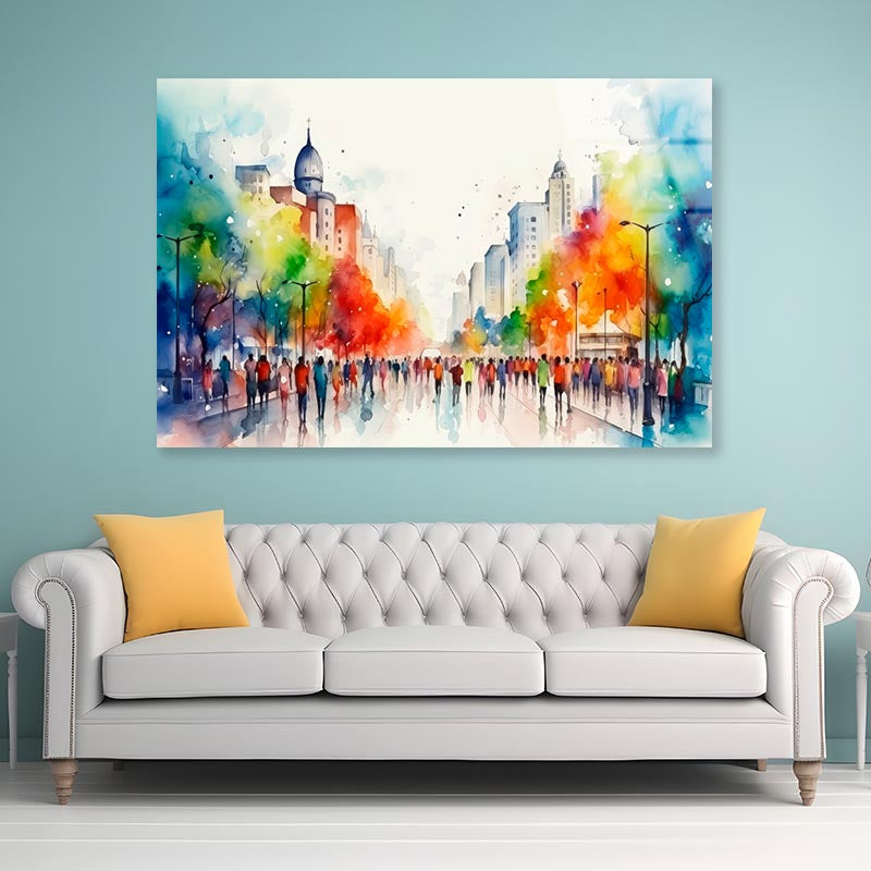 Jazzy, Lively, Colorful Water Color Painting of a Downtown City  Acrylic Glass Print Tempered Glass Wall Art 100% Made in Australia Ready to Hang