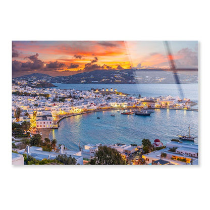 Embrace The Warm Hues of Sunset in Mykonos Town Chora Acrylic Glass Print Tempered Glass Wall Art 100% Made in Australia Ready to Hang