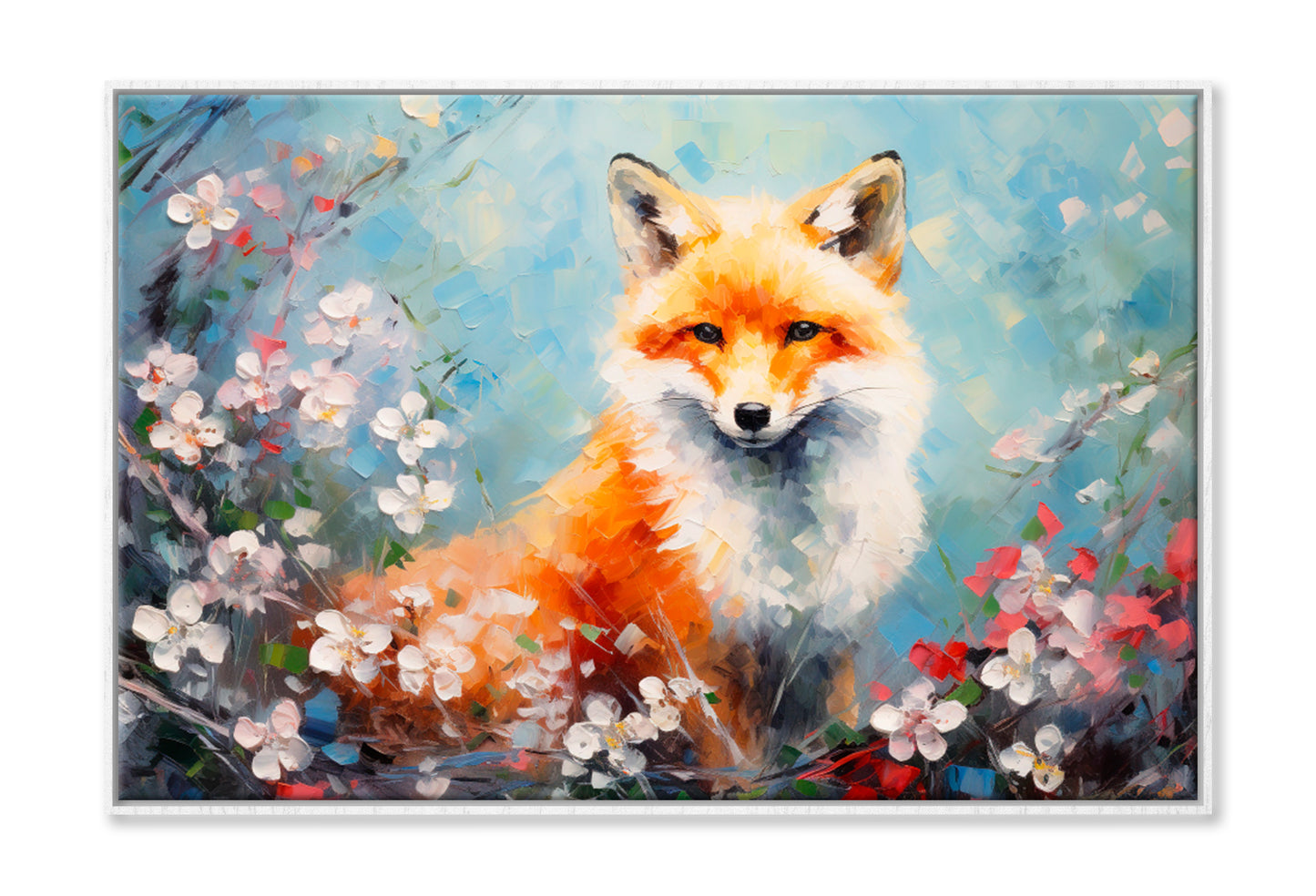 Fox In Flower Blossom Oil Painting Wall Art Limited Edition High Quality Print Canvas Box Framed White