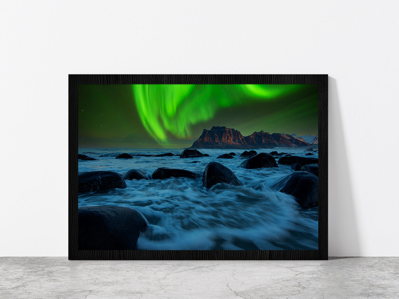 Aurora Rising Above A Mountain Glass Framed Wall Art, Ready to Hang Quality Print Without White Border Black