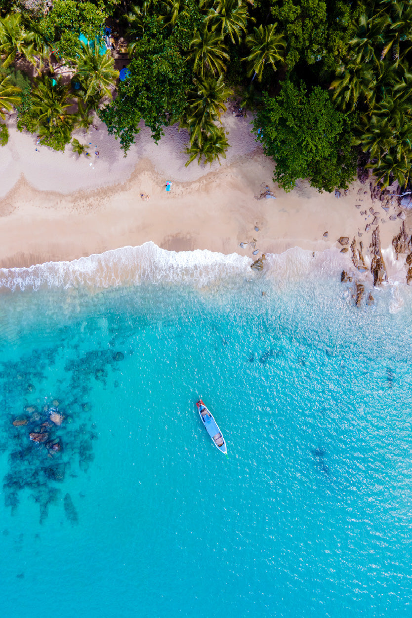 Banana Beach with Palm Trees in Phuket Aerial Photograph Glass Framed Wall Art, Ready to Hang Quality Print