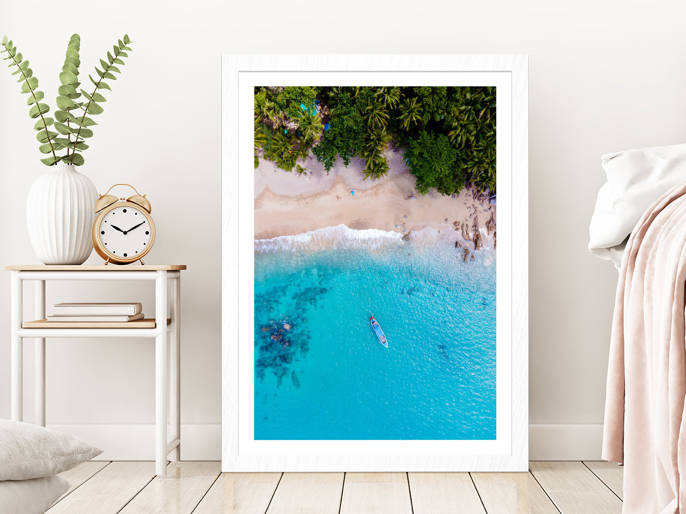 Banana Beach with Palm Trees in Phuket Aerial Photograph Glass Framed Wall Art, Ready to Hang Quality Print With White Border White