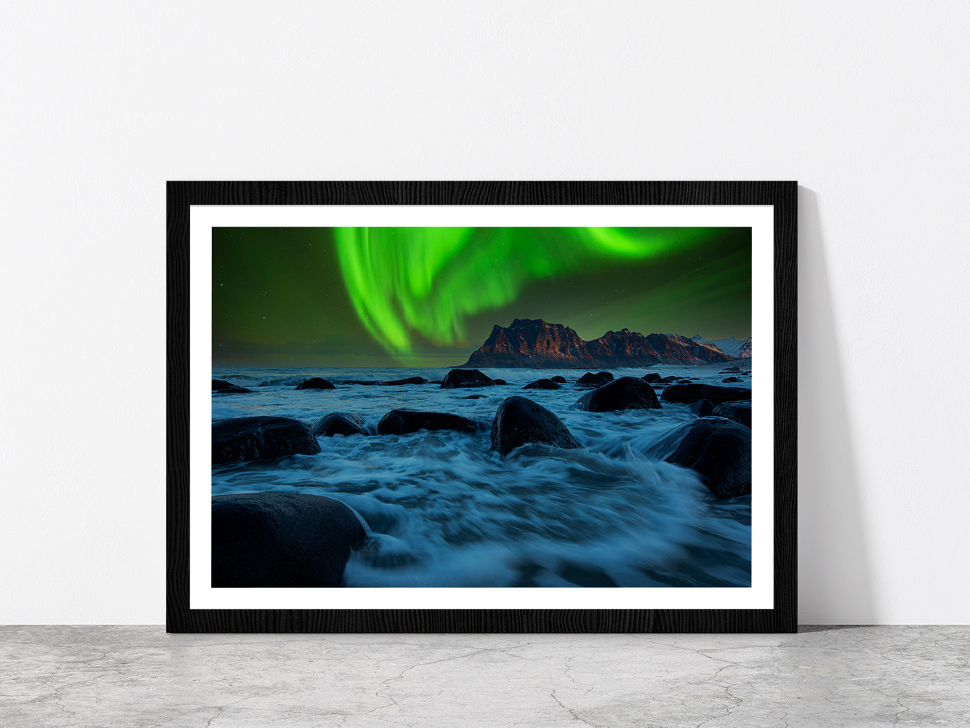 Aurora Rising Above A Mountain Glass Framed Wall Art, Ready to Hang Quality Print With White Border Black