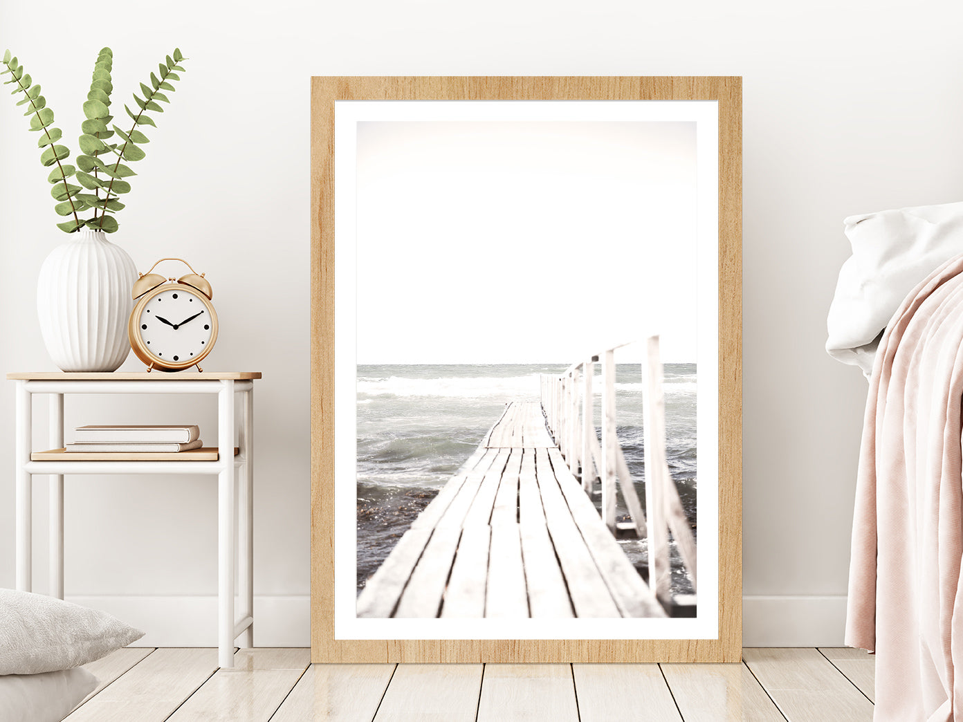 Wooden Pier near Beach Faded Photograph Glass Framed Wall Art, Ready to Hang Quality Print With White Border Oak