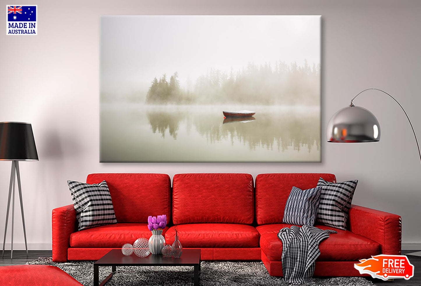 Boat On the Lake at Morning Fog Wall Art Decor 100% Australian Made