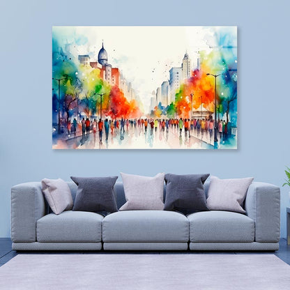 Jazzy, Lively, Colorful Water Color Painting of a Downtown City  Acrylic Glass Print Tempered Glass Wall Art 100% Made in Australia Ready to Hang