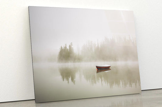 Boat On the Lake at Morning Fog  Acrylic Glass Print Tempered Glass Wall Art 100% Made in Australia Ready to Hang