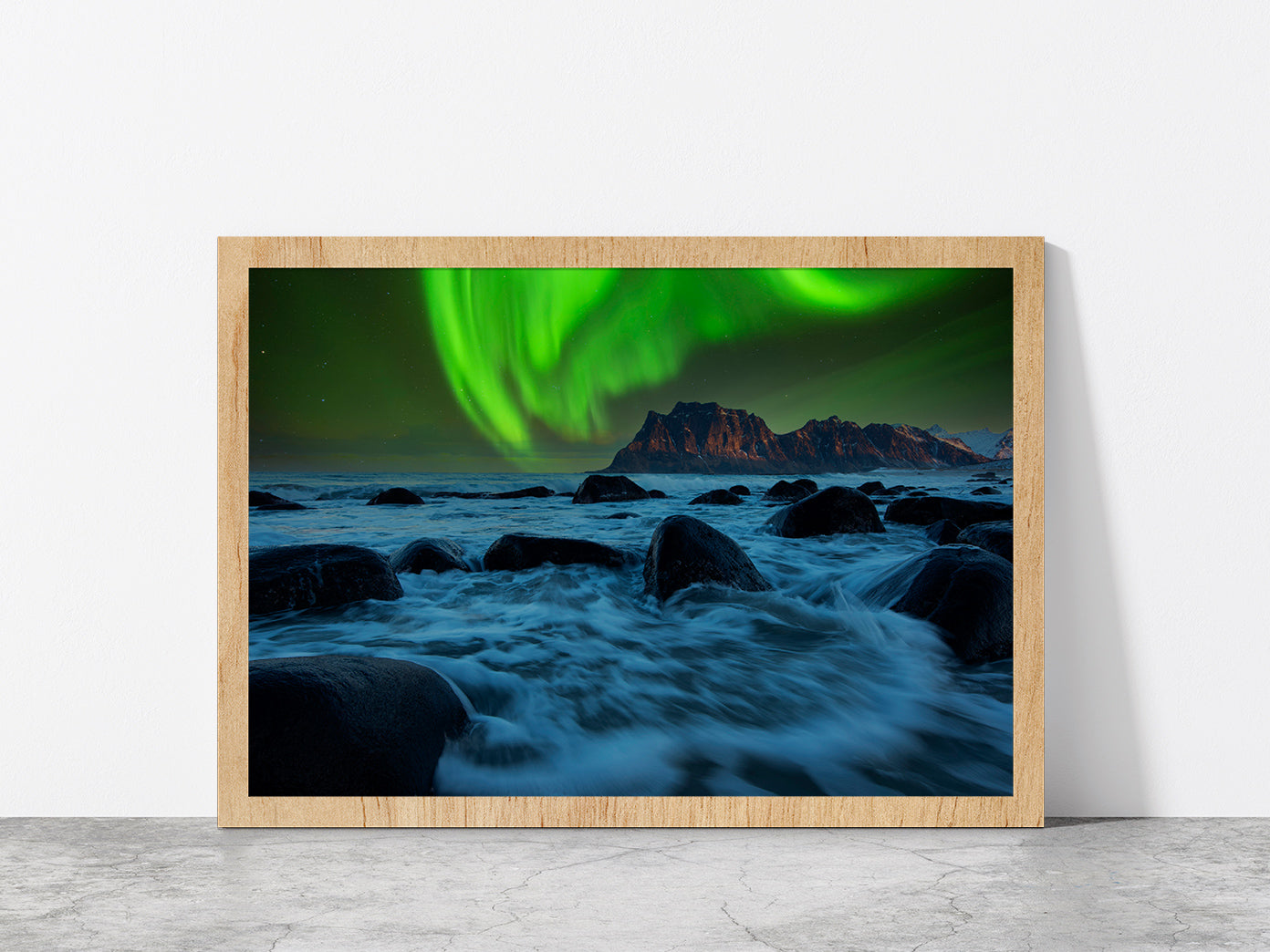 Aurora Rising Above A Mountain Glass Framed Wall Art, Ready to Hang Quality Print Without White Border Oak