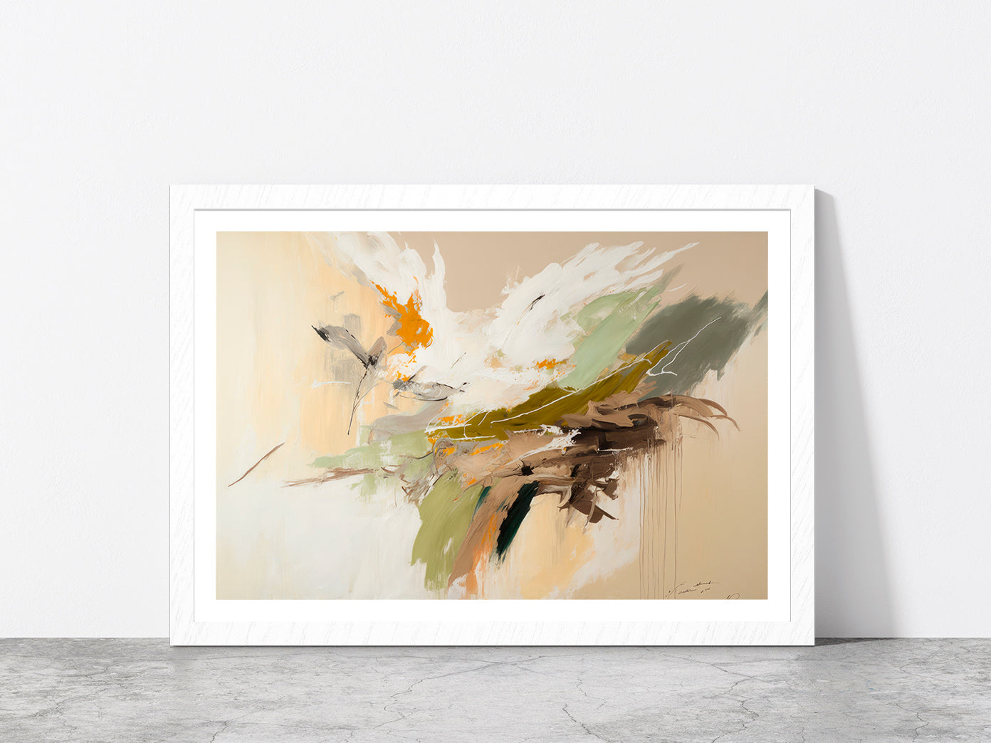 Abstract Brush Stroke Texture Glass Framed Wall Art, Ready to Hang Quality Print With White Border White