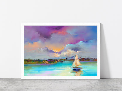 Sail Boat On Sea With Colorful Sky Glass Framed Wall Art, Ready to Hang Quality Print Without White Border White