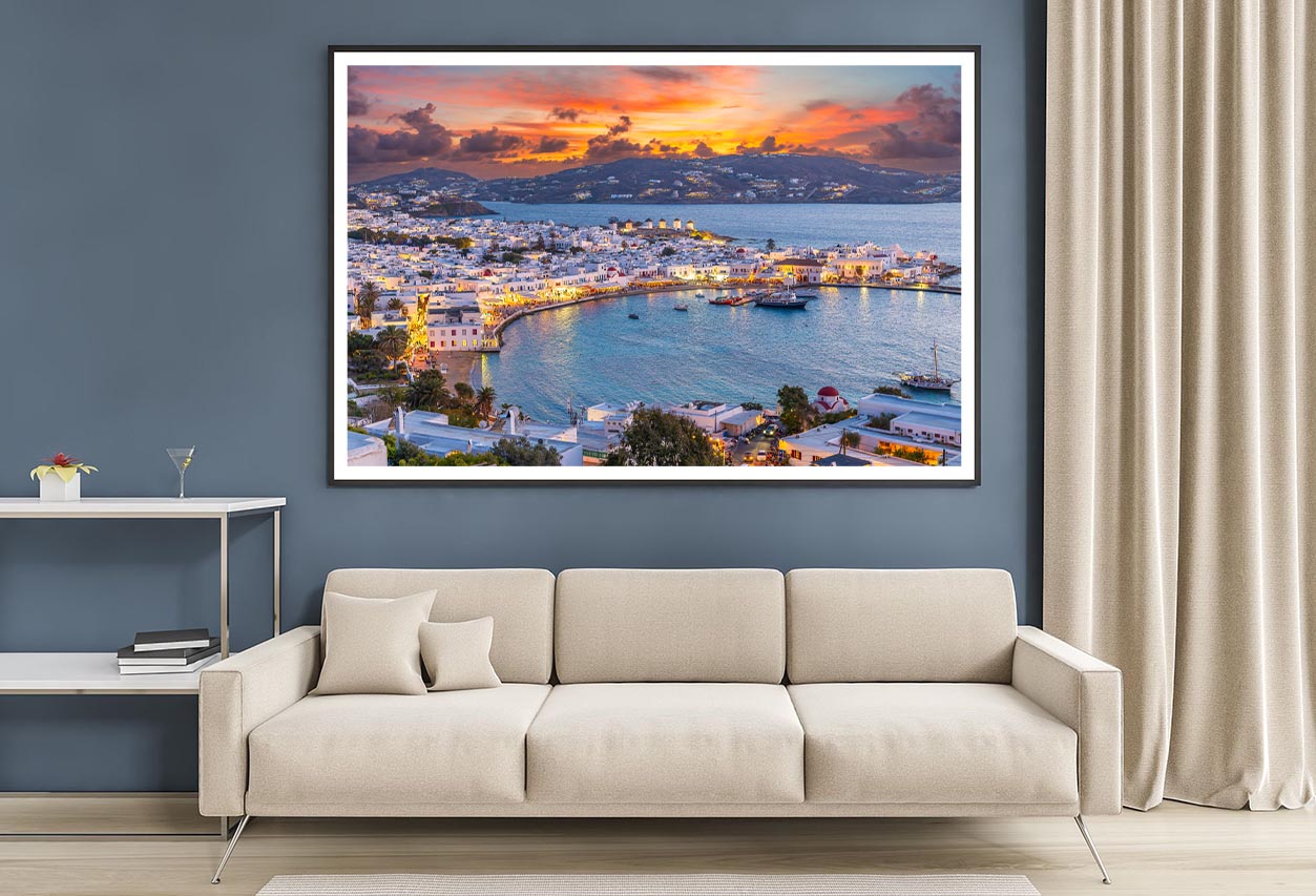 Embrace The Warm Hues of Sunset in Mykonos Town Chora Home Decor Premium Quality Poster Print Choose Your Sizes - Bella Home Decor