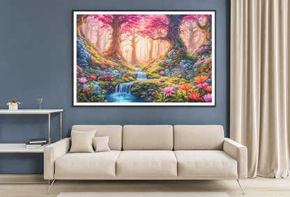 A Painting of a Garden with a Waterfall & Flowers Home Decor Premium Quality Poster Print Choose Your Sizes