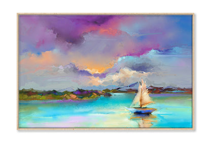 Sail Boat On Sea With Colorful Sky Oil Painting Wall Art Limited Edition High Quality Print Canvas Box Framed Natural