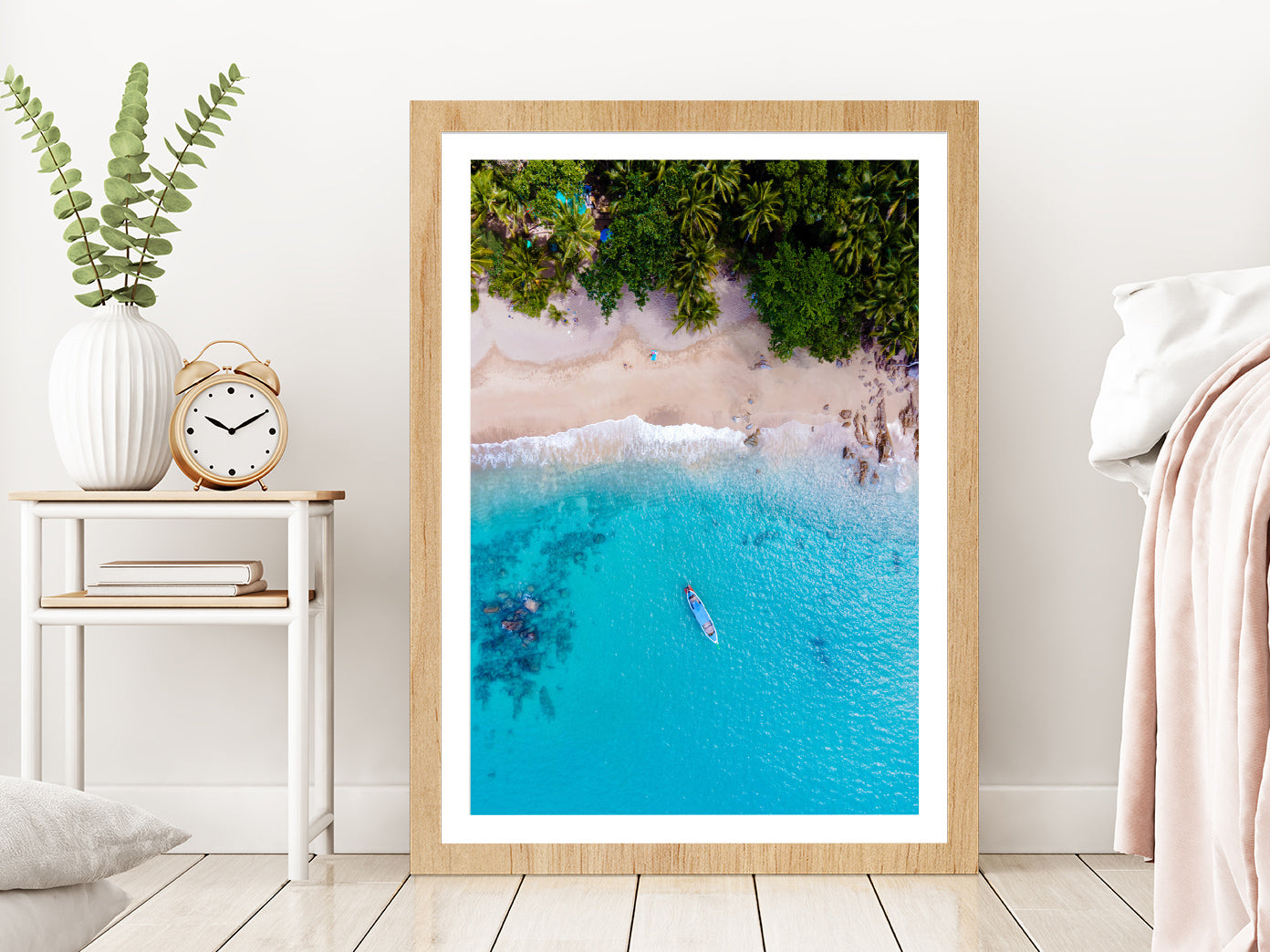 Banana Beach with Palm Trees in Phuket Aerial Photograph Glass Framed Wall Art, Ready to Hang Quality Print With White Border Oak