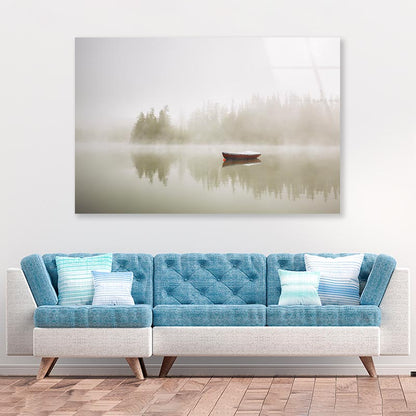 Boat On the Lake at Morning Fog  Acrylic Glass Print Tempered Glass Wall Art 100% Made in Australia Ready to Hang