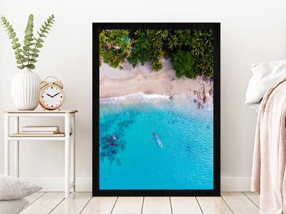 Banana Beach with Palm Trees in Phuket Aerial Photograph Glass Framed Wall Art, Ready to Hang Quality Print Without White Border Black