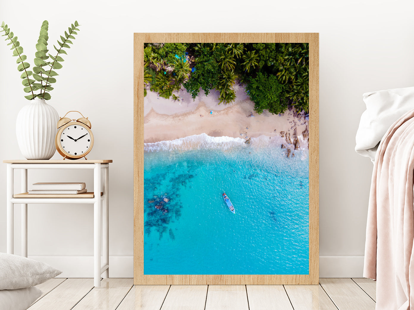 Banana Beach with Palm Trees in Phuket Aerial Photograph Glass Framed Wall Art, Ready to Hang Quality Print Without White Border Oak