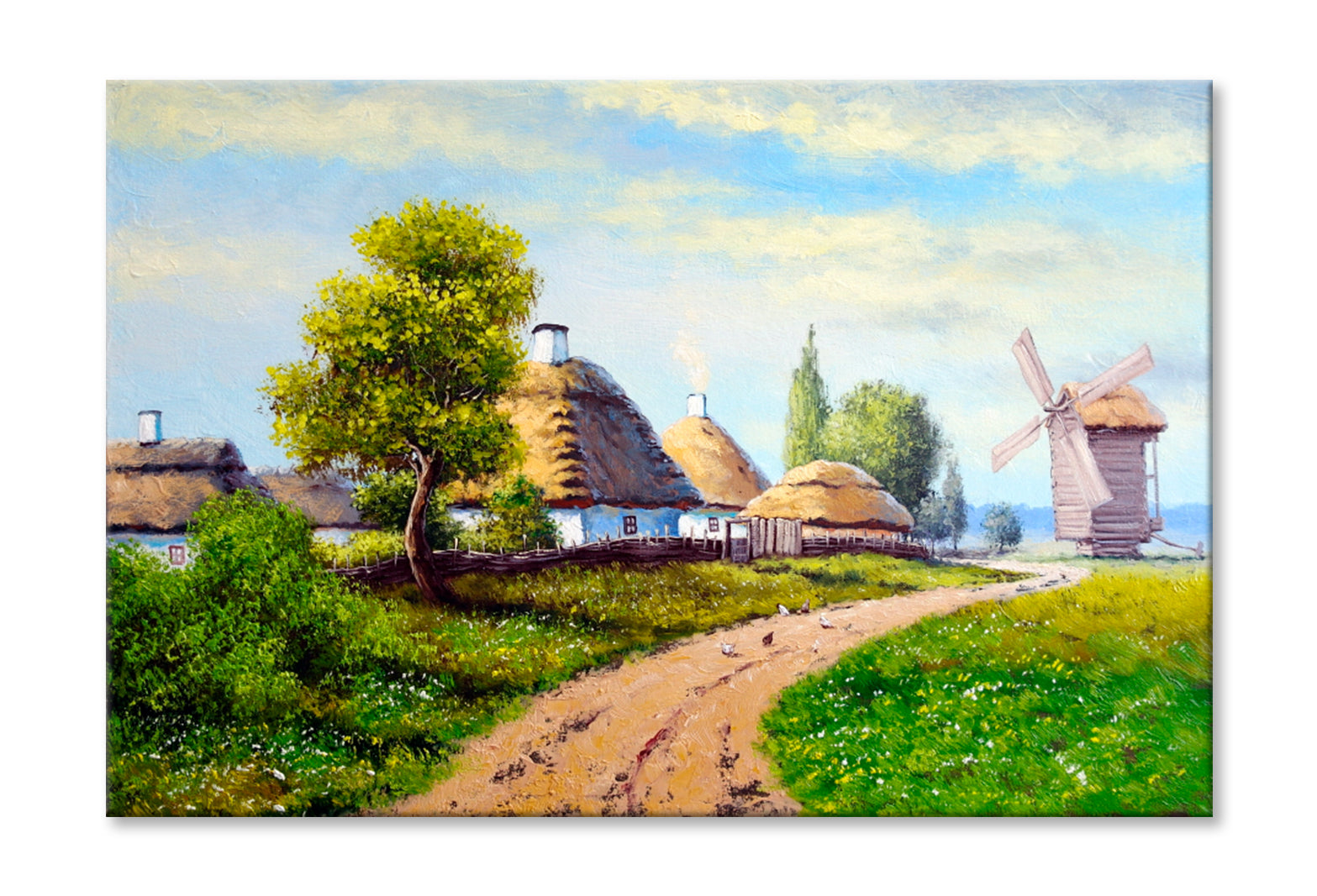 Old Village, Hut, Road, Windmill Oil Painting Wall Art Limited Edition High Quality Print Stretched Canvas None