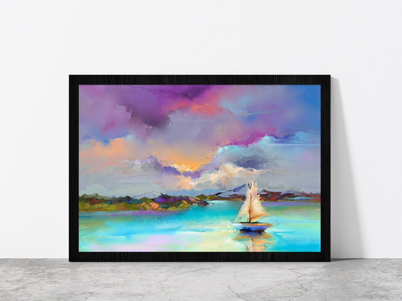 Sail Boat On Sea With Colorful Sky Glass Framed Wall Art, Ready to Hang Quality Print Without White Border Black