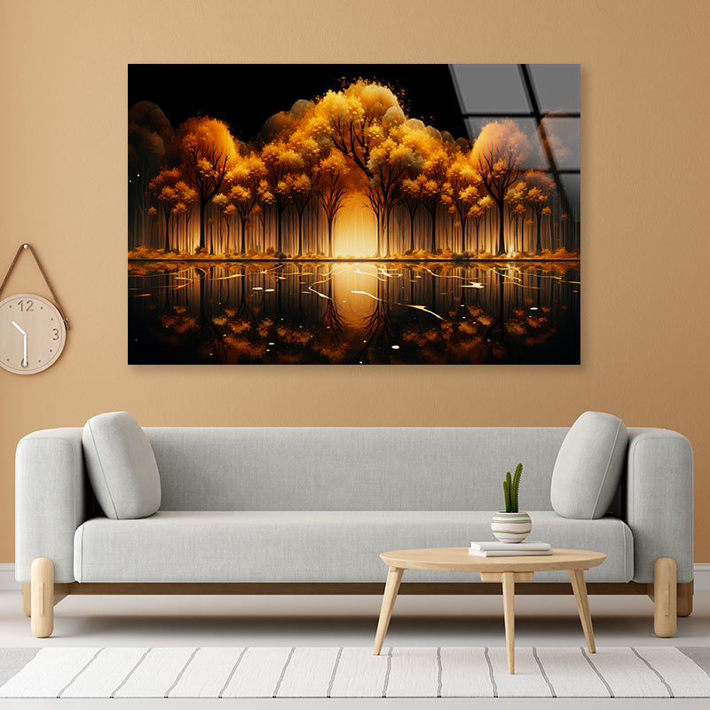 Oil Painting of Golden Trees & Lake Acrylic Glass Print Tempered Glass Wall Art 100% Made in Australia Ready to Hang - Bella Home Decor